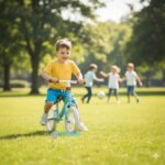 Balans bicikl 752 plavi sa dečakom kako vozi balanser na livadi