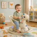 guralica 620-1 model 3u1 u bež boji sa detetom koje se ljulja na njoj