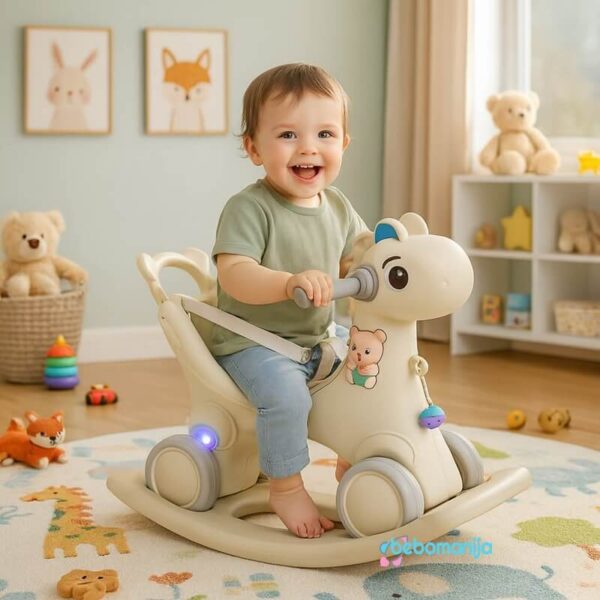 guralica 620-1 model 3u1 u bež boji sa detetom koje se ljulja na njoj