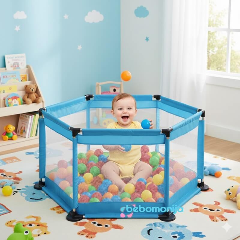 ogradica-za-bebe-615-plava-6 Prenosiva ogradica za decu 615 plava sa bebom kako se igra u prenosivoj ogradici