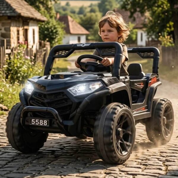 dečiji dzip ts-5588 crni kako ga dečak vozi po putu