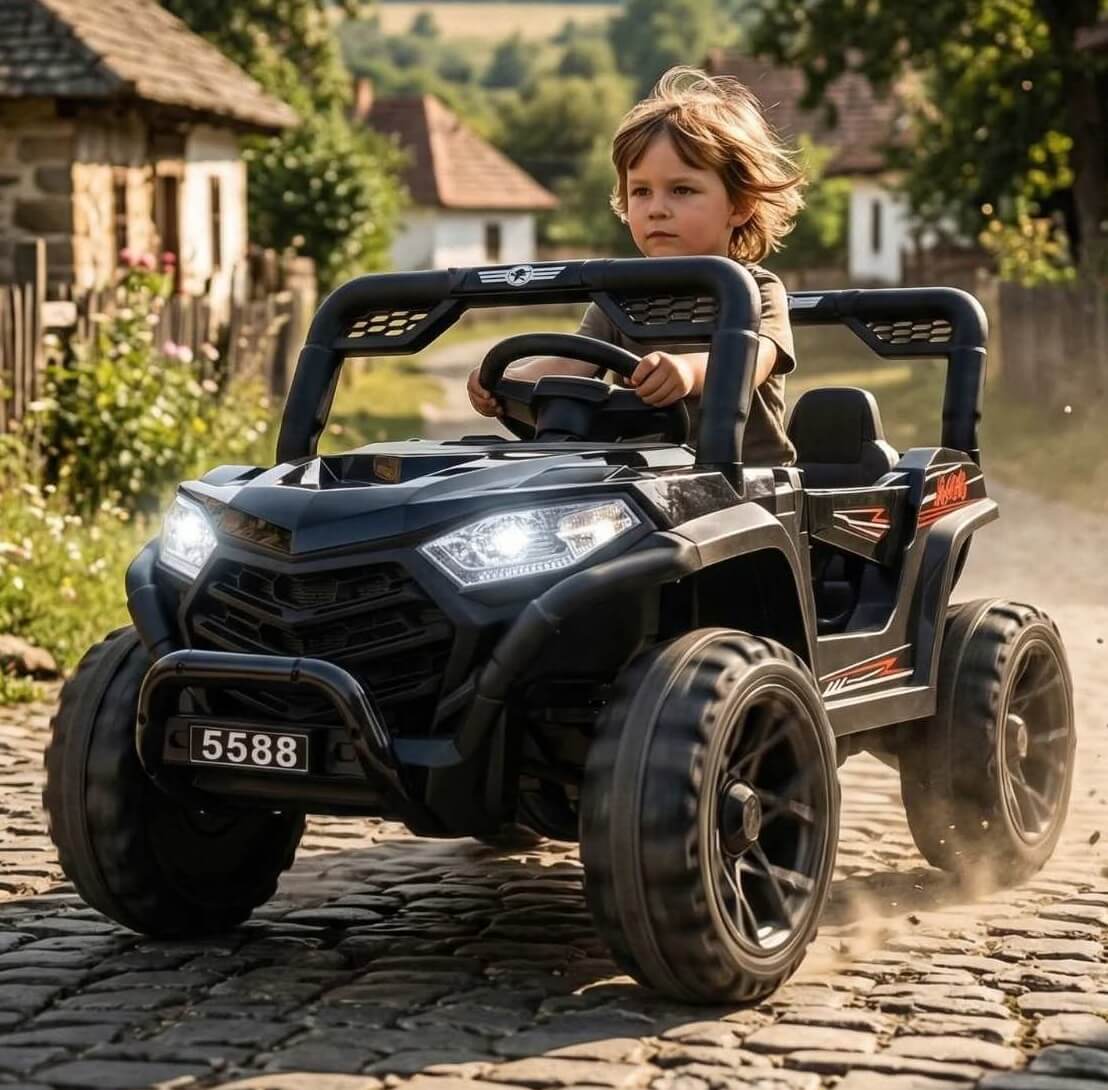 dečiji dzip ts-5588 crni kako ga dečak vozi po putu