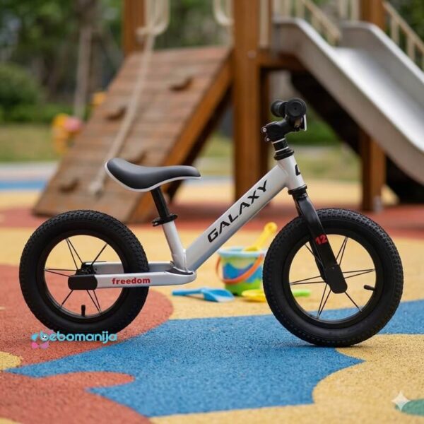 balans bike Galaxy Freedom sivo crna slikana u parku