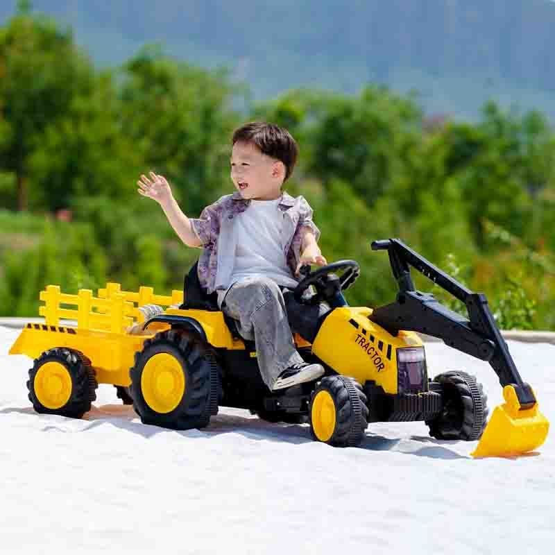 Traktor sa prikolicom i pokretnom kašikom Žuti Traktor sa prikolicom i pokretnom kašikom žuti - radna mašina za decu - slika 5