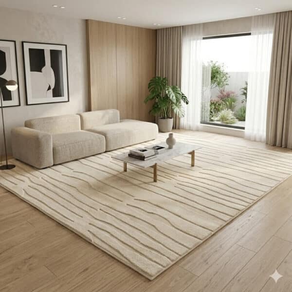 Tepih Carmel svetlo krem reljefni | 160×230 cm slikan u dnevnoj sobi