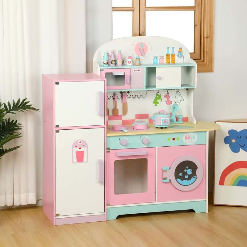 Dečija drvena kuhinja sa frižiderom i veš-mašinom – roze MSN18023 2