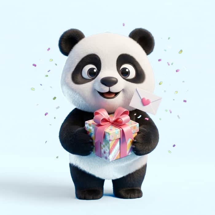 panda Bebko drži poklon sa mašnom i pismo sa srcem
